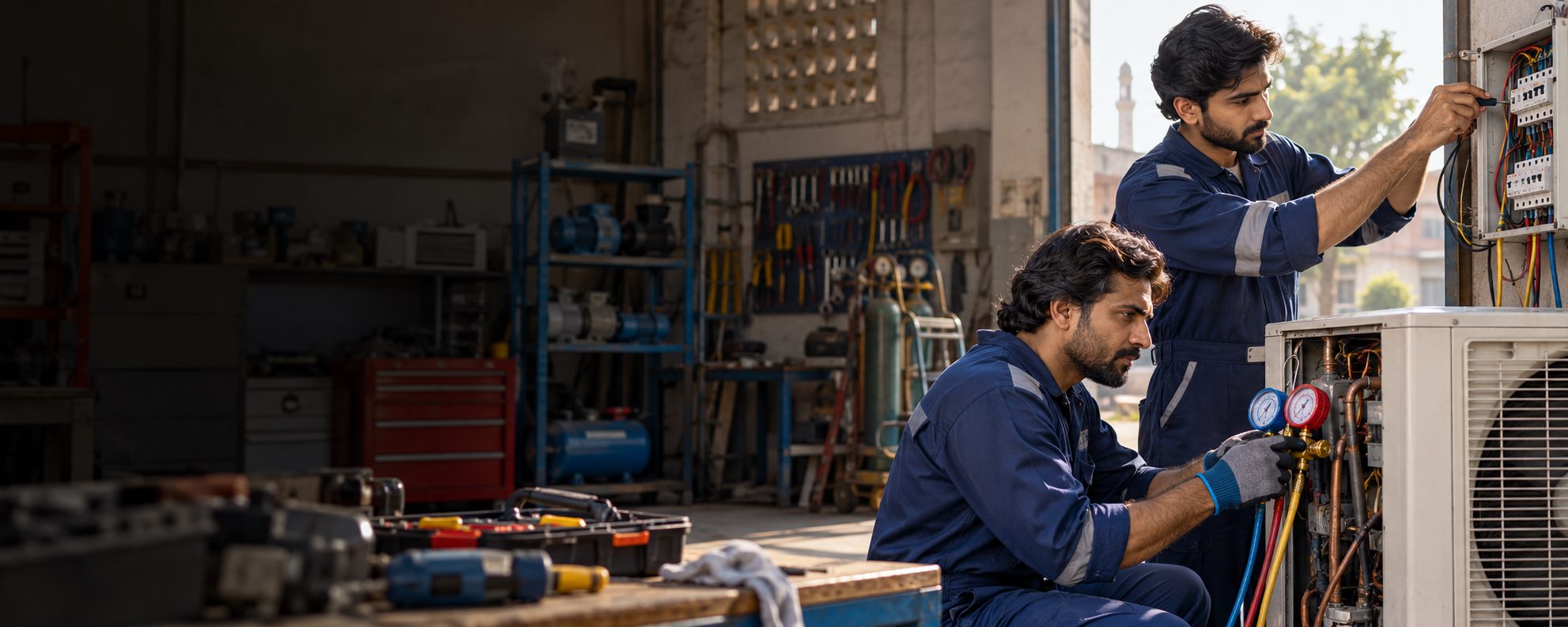 Technicians working on industrial electrical and HVAC equipment
